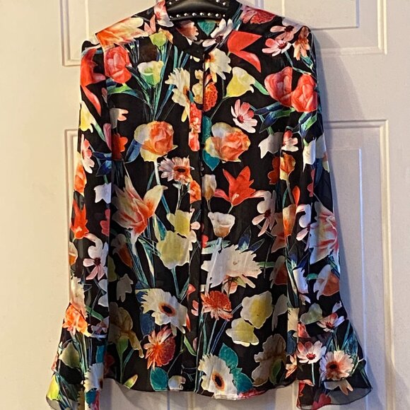 Elie Tahari Sz S Blouse Button Up Long Sleeve Black/Multi Floral Silk Blend - Picture 1 of 14